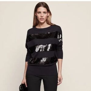Reiss Black Sequin Striped Blouse